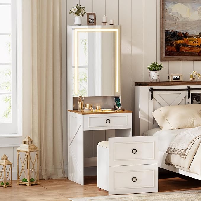 Makeup Vanity Desk with Mirror and Lights,Small Vanity Desk Set with Charging Station & Glass Top,Compact Dressing Table with Jewelry Cabinet & Storage Wheel Stool for Bedroom, White