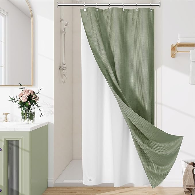 3 in 1 Stall Half Size Shower Curtain Set-36 W x 72 H, Sage Green Waffle Waterproof Fabric and PEVA Liner Set with Stainless Steel Hooks