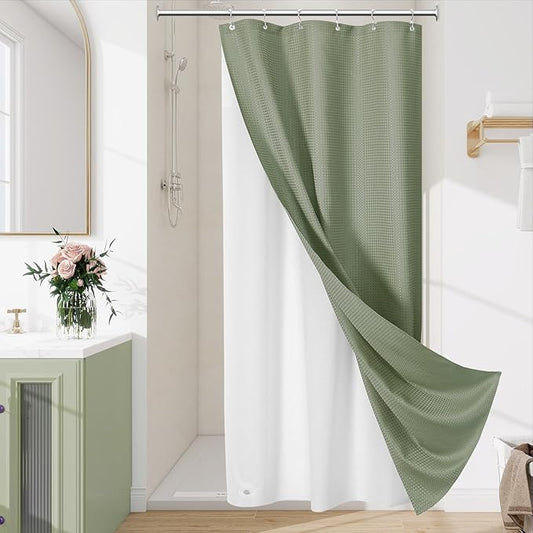 3 in 1 Stall Half Size Shower Curtain Set-36 W x 72 H, Sage Green Waffle Waterproof Fabric and PEVA Liner Set with Stainless Steel Hooks