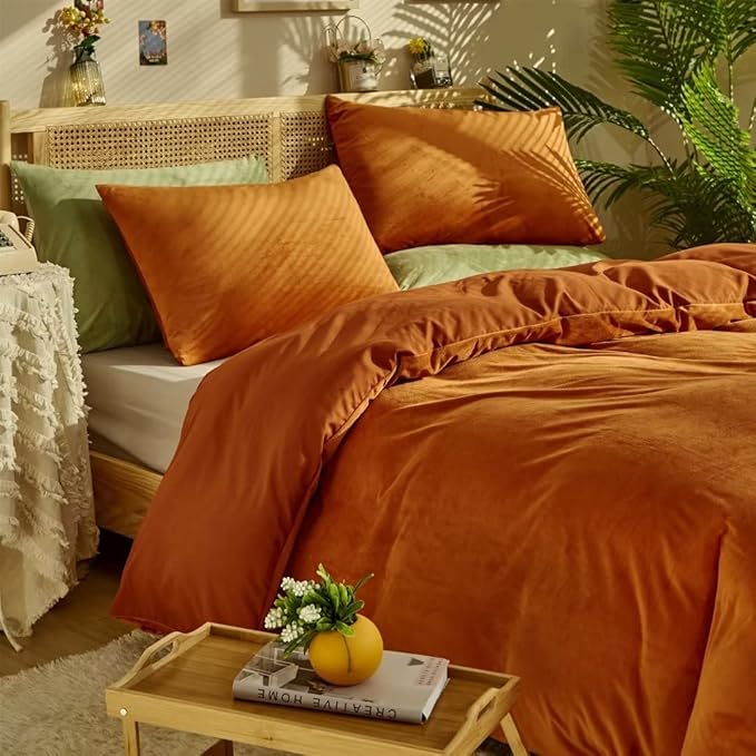 CLOTHKNOW Burnt Orange Comforter Sets California King Fluffy Velvet Bedding Comforter Sets Soft Terracotta Comforter Rust Comforter with 2 x Pillow Cases