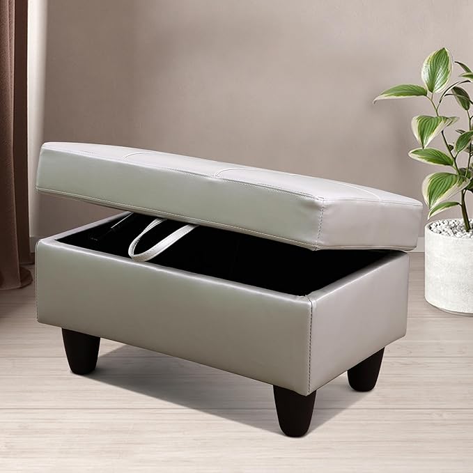 Ottoman Rectangular Storage Ottoman Bench, Faux Leather Footrest, Coffee Table, Stool Footstool with Hinged Lid for Living Room, Bedroom, Entryway, Silver Gray, 28.5"x19"x17.5"