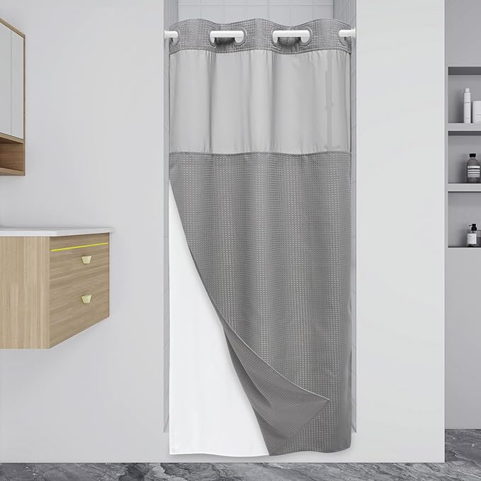 Stall No Hook Shower Curtain with Snap in Liner,230GSM Waffle Weave Shower Curtains for Bathroom,36W x 74H,Grey
