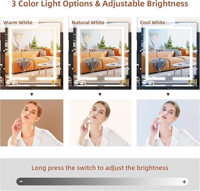 SMOOL Vanity with Lighted Mirror, Makeup Vanity Desk with Power Outlet, 3 Color Light Options Adjustable Brightness, Vanity Table with 6 Storage Shelves, 2 Large Drawers and Cushioned Stool, Black