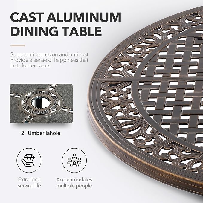 5 Piece Outdoor Dining Set Cast Aluminum, Retro Patio Dining Furniture Set for 4 Includes 54’’ Round Table 4 Swivel Chairs with Thicker Cushion and Umbrella Hole for Patio Deck Garden