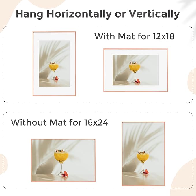 16x24 Frame | 16x24 Poster Frame With Mat For 12x18 | Metal Aluminum Picture Frame With Tempered Glass | Minimalist Modern Poster Frame | Hanging Hardware Included | Rose Gold