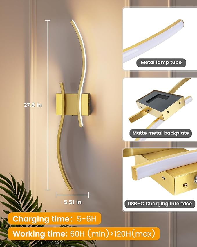 NIORSUN 27.6 Inch Battery Operated Wall Sconce Set of 2, Gold Modern Rechargeable Wall Lights with Remote, 3CCT Dimmable Wireless Wall Lamp for Living Room Bedroom Hallway