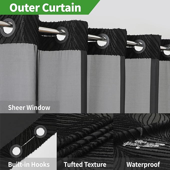 no Hook Shower Curtain and Liner Set，Boho Style with See Through Top Window, Black Fabric Tufted Striped Textured Outer Curtain & Waterproof Inner Liner, DarkBlack, 71Wx86H