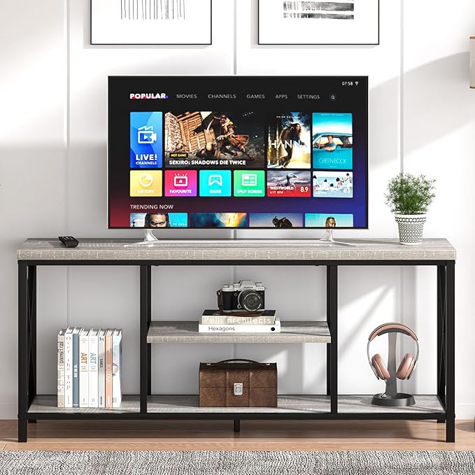 FOLUBAN Modern TV Stand for TV up to 65 Inch, Rustic Wood Entertainment Center with Storage Shelves, Industrial Media TV Console for Living Room, Farmhouse TV Table for Bedroom, 55 Inch Light Grey