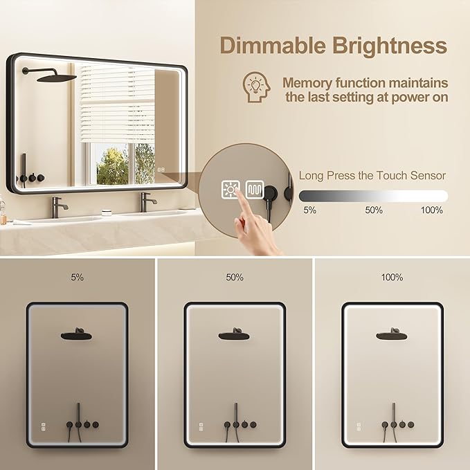 LED-Bathroom-Mirror-with-Lights, 40"x28" Wall-Mounted with Anti-Fog, 3 Colors Dimmable Light, Waterproof, Tempered Glass, Black Framed