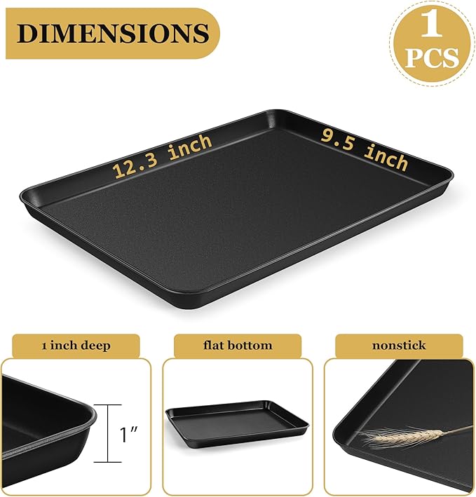 E-far 12.3x9.5x1 Inch Cookie Sheet for Baking, Nonstick Metal Oven Tray Pan for Cookies Jellyroll Cake, Nontoxic Rectangle Carbon Steel Baking Pan for Toaster Oven, Warp Resistant & Easy Clean
