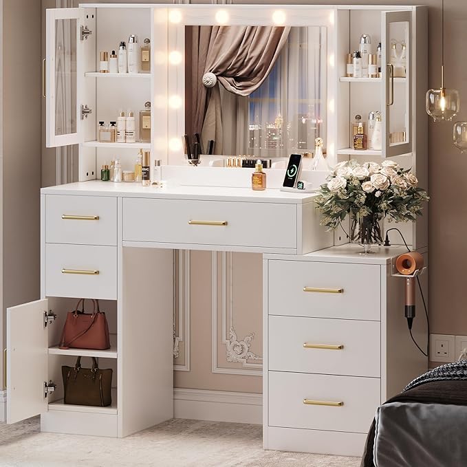 51" Vanity Desk with Mirror and Lights & Charging Station, Bedroom Dressing Table, Large Vanity Set, 6 Drawers and 2 Cabinets, Makeup Vanity Table with Charging Station, Without Stool
