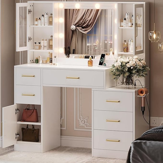 51" Vanity Desk with Mirror and Lights & Charging Station, Bedroom Dressing Table, Large Vanity Set, 6 Drawers and 2 Cabinets, Makeup Vanity Table with Charging Station, Without Stool