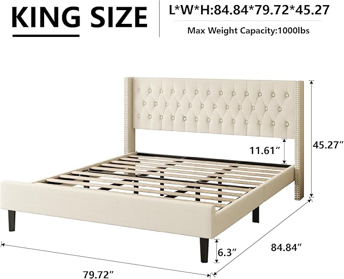 King Size Bed Frame, Upholstered Platform Bed with Wingback Headboard, Velvet Button Tufted, Easy Assembly, No Box Spring Needed, Beige