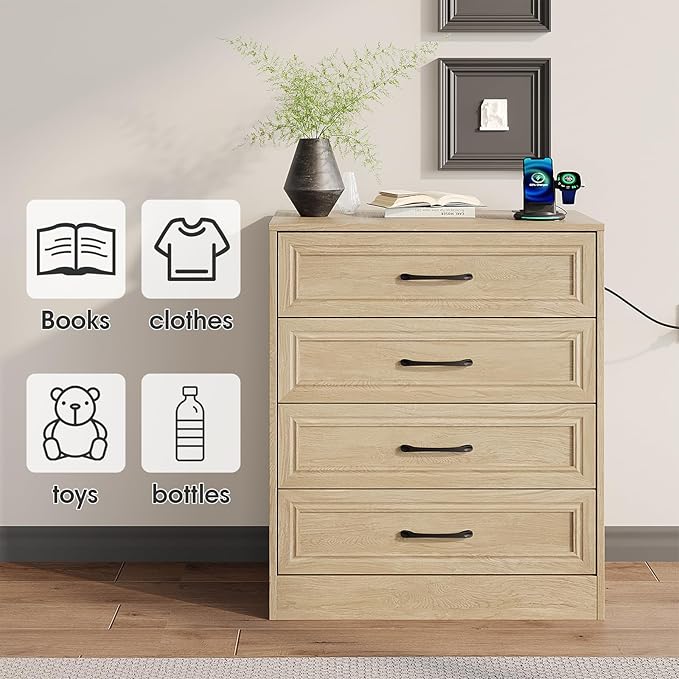 Fameill Dresser for Bedroom, 4 Drawer Small Dresser Organizer with Charging Station for Livingroom, Chest of Drawers with Metal Handles, Oak