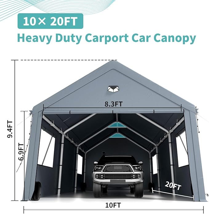 10x20FT Heavy Duty Carport Canopy,Extra Large Portable Car Tent Garage with Roll-up Windows and All-Season Tarp Cover,Removable Roof &Side Walls for Car, SUV,Boats&Truck Shelter Logic Storage