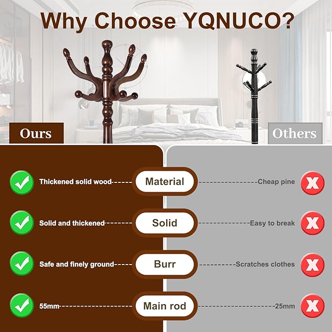 Solid Wood Coat Stand, Freestanding with Stable Base, 70" Birch Coat Tree Organizer for Home, Bedroom, Office, Hallway & Entryway with 11 Hooks