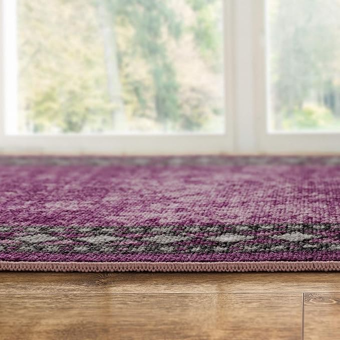 Antep Rugs Alfombras Modern Bordered 2x5 Non-Skid (Non-Slip) Low Profile Pile Rubber Backing Kitchen Area Rugs (Purple, 2' x 5' Oval)