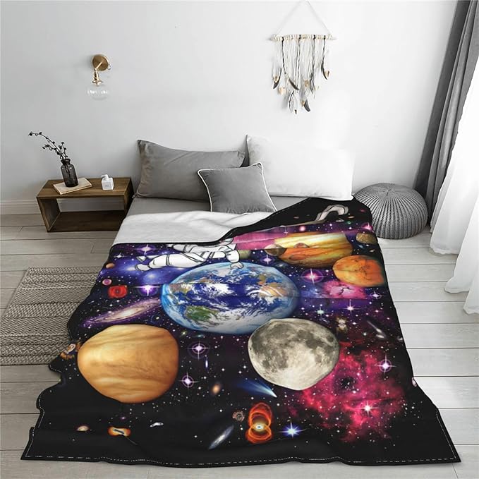 Space Blanket Galaxy Astronaut Throw Blankets Cozy Fleece Flannel Blanket Soft Warm Plush Lightweight Solar System Gifts Bedding for Boys Girls Teens Kids Adults for Couch Sofa Bed 60"X80"