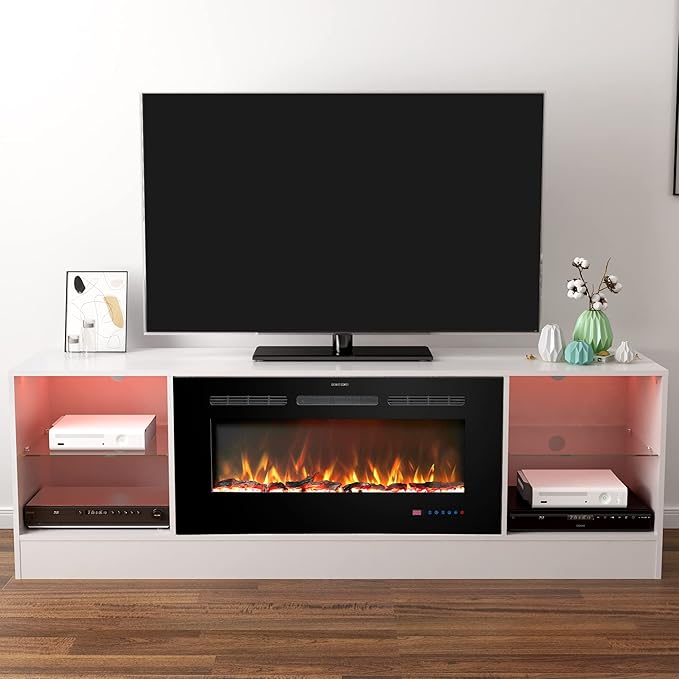 Fireplace 72" TV Stand, Entertainment Center with 36" Electric Fireplace, LED Light Wood Storage Cabinet Table, Media Console for TVs Up to 80", Thermostat, 13 Flame Colors, White
