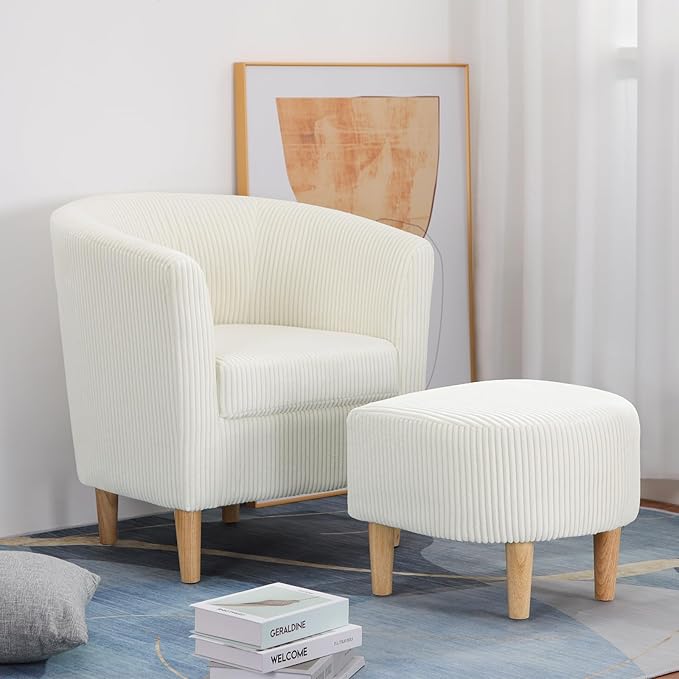 DAZONE Accent Chair, Barrel Chair with Ottoman Comfy Armchair Corduroy Living Room Chairs Mid Century Modern Chair Upholstered Club Tub Sofa Chair for Bedroom Reading Room Ivory