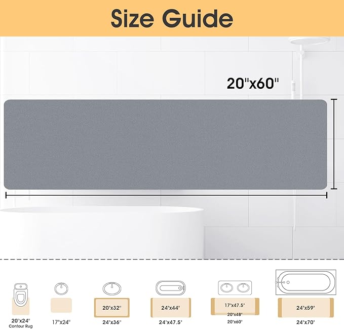 Ultra Thin Non-Slip Bath Mat Fit Under Door, Upgrade Backing Non Slip Bath Mat, Quick Dry Ultra Absorbent Bathroom Rugs, Machine Washable Bath Mats for Bathroom, Bathtub & Kitchen, Grey, 59"x20"
