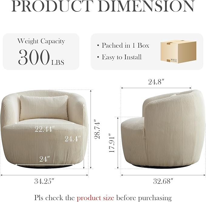 Aoiy & Wifon 34.25" W Swivel Barrel Chair Set of 2, Upholstered Round Small Accent Chair, Single Comfy Barrel Chair for Living Room, Corduroy, Ivory