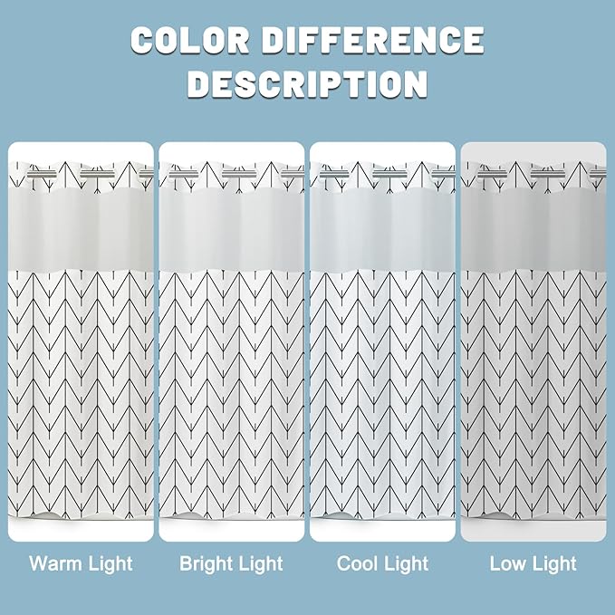 No Hook Geometric Striped Shower Curtain with Snap in Liner Set - Hotel Shower Curtain and Liner Set with See Through Mesh Top Window,Machine Washable, 71x74 INCH - Black & White Herringbone