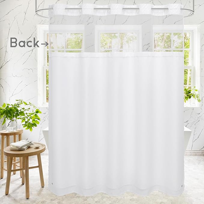 No Hook Extra Long Shower Curtain Set with Snap-in Liner, 86 inch XL Boho White Fabric Shower Curtains for Modern Bathroom Decor, Hotel Style Shower Curtain with See Through Top Window