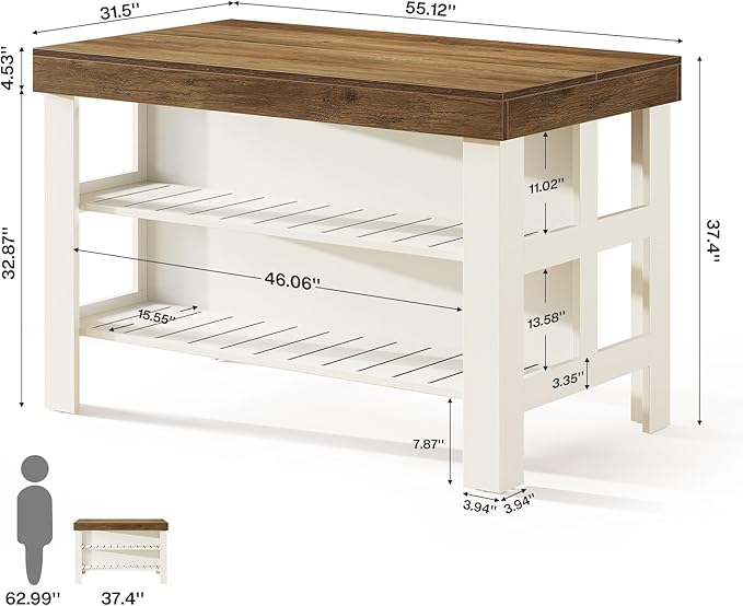 Tribesigns Kitchen Island with Seating and Storage Shelves, 55.1-Inch Breakfast Counter Farmhouse Island Table for Kitchen Dining Room