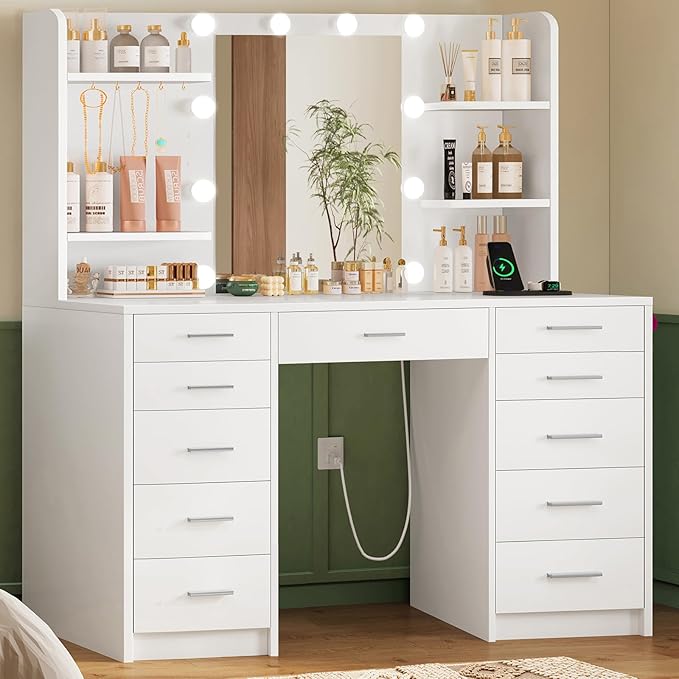Quimoo 47.2" Large Vanity Desk with Mirror and Lights, White Makeup Vanity with 11 Drawers & 6 Open Shelves, 3 Color Modes & Adjustable Brightness for Girls Bedroom