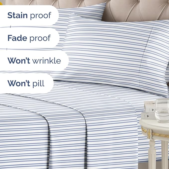 Blue and White Striped Sheets - 1 Flat & 1 Fitted Sheet & 2 Pillowcases w/ Deep Pockets - Comfy, Wrinkle & Fade Resistant - Ultra-Soft, Breathable & Cooling - Luxury Pinstripe Bedding - Queen Size