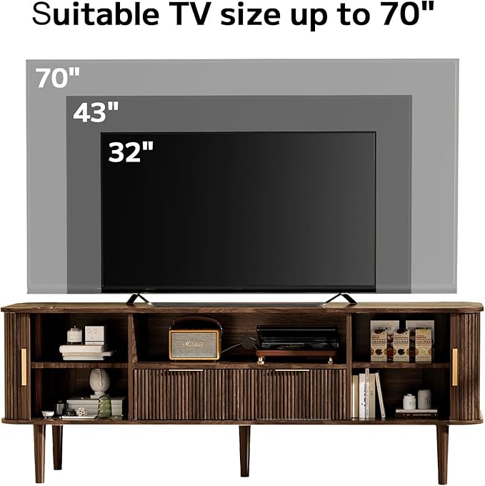 TV Stand 62.4 Inch Mid Century Modern Media Console Table with Drawer Shelves Sliding Tambour Door Farmhouse Sideboard Buffet Cabinet Fits TVs up to 75 inch Fluted Wood Entertainment Center