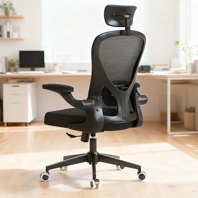 Office Chair with Adjustable Lumbar Support & Flip-Up Armrests -Ergonomic High Back Computer Desk Chair with Thickened Seat Cushion, Rolling Wheels for Home/Office Study Work (02H-Black)