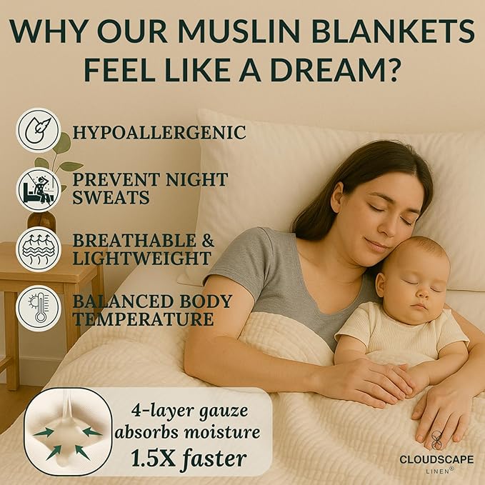 Soft 4 Layer Muslin Cotton Blankets Queen Size for Bed, 100% Cotton Blanket for All Season, Pre-Washed Gauze, Best Summer Blanket, 92x92, Ivory