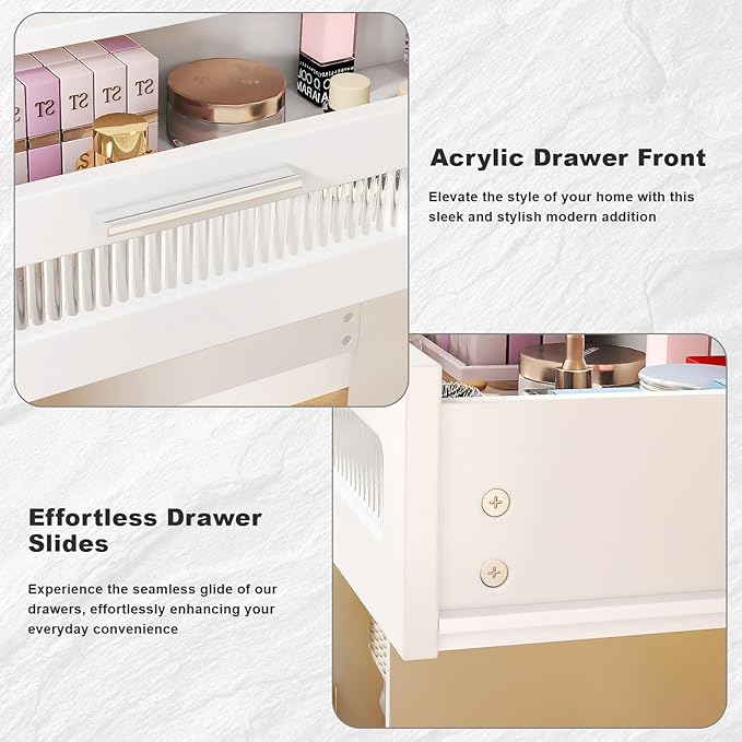 Hadulcet White Vanity Desk with Mirror and Lights, LED Vanity with Power Outlet, Makeup Vanity with 2 Drawers, 10 Storage Shelves and Acrylic Door Cabinet for Bedroom Dressing Room, 43”