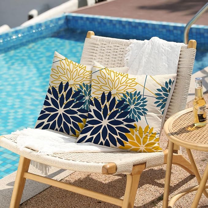 Blue Yellow Flower Pillow Covers 18x18 Inch Set of 2 Outdoor Throw Pillows Outdoor Waterproof Decor for Living Room Sofa Patio Funiture Garden Floral Polyester Pillow Covers 01P18