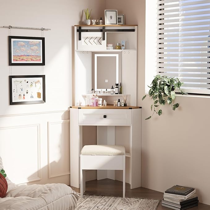 ARTETHYS Small Vanity Desk Set with Lights and Mirror Makeup Vanities with Drawers for Corner Space White Farmhouse Make up Dressing Table with Storage Stool for Bedroom