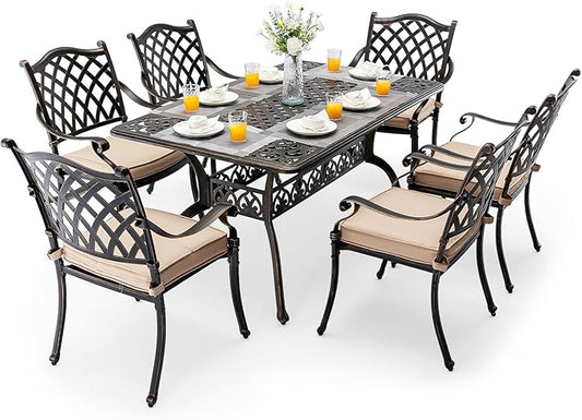 7 Piece Cast Aluminum Outdoor Dining Set Retro Patio Dining Set for 6 Includes 59’’ Rectangular Table and 6 Chairs with Removable Cushion and Umbrella Hole for Patio Deck Garden Porch