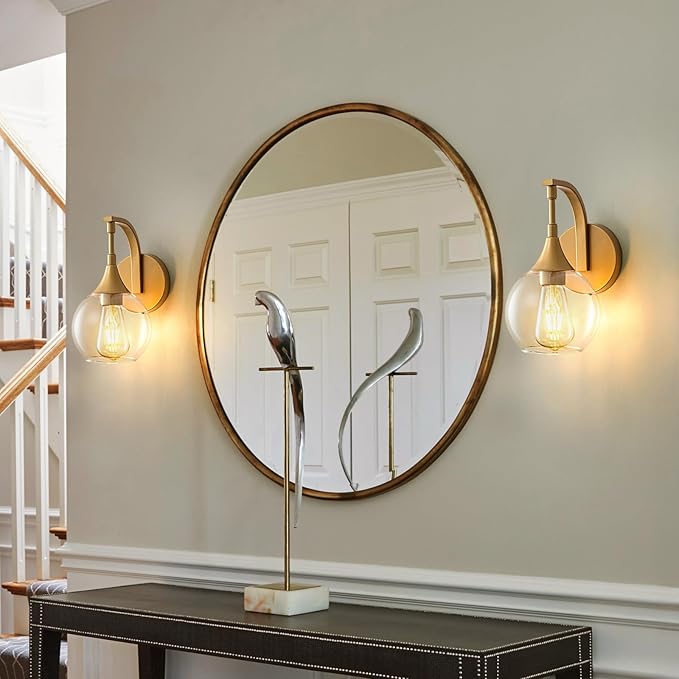 Gold Wall Sconce,1-Light Bathroom Vanity Lights Modern Wall Light Fixture with 4.9 Inches Clear Glass Shade, Wall Lamps for Bedroom Living Room Kitchen Stairway,E26