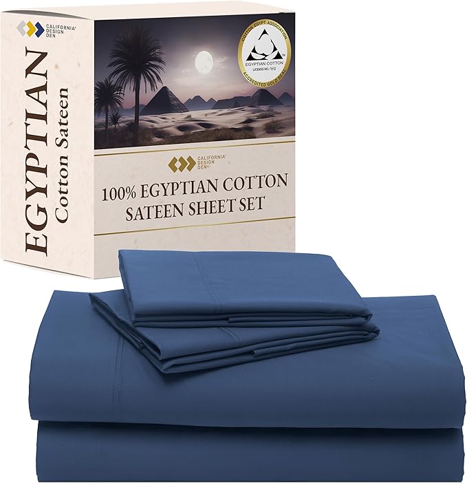 California Design Den Deep Pocket Queen Sheet Set - Certified 100% Egyptian Cotton Sheets Queen Size, Soft Sateen, Deep Pockets with Anti-Skid Elastic, Cool and Durable Luxury Bedding - Navy Blue