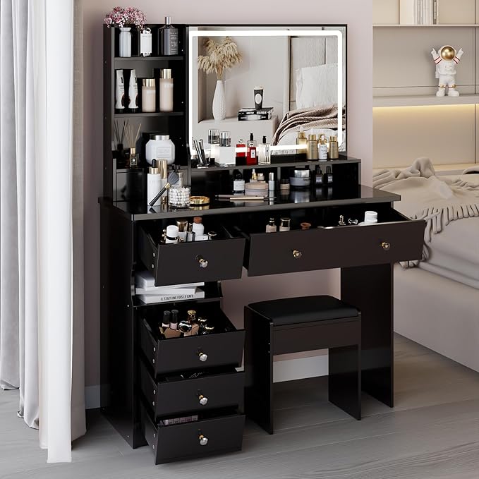 41" Vanity Desk with Mirror and Lights, Makeup Table with Led Mirror, 3 Lighting Colors, Vanity Set with 6 Drawers and Stool for Bedroom, Black