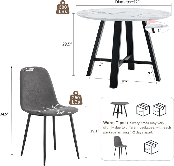 Round Dining Table Set for 4, Modern Kitchen Dining Table Chairs Set for 4, 42 Inch Small Round White Dining Table Set & 4 Upholstered Fabric Chairs for Kitchen Living Office Cafe Small Space
