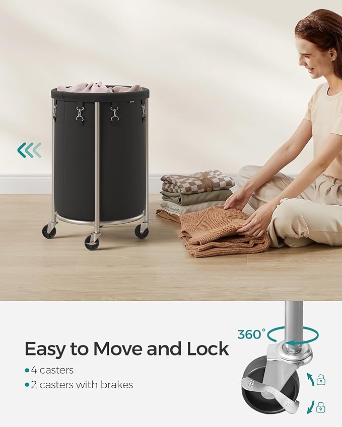 SONGMICS 18.5-Gallon (70 L) Laundry Basket with Wheels, Rolling Round Heavy-Duty Laundry Hamper Cart with Steel Frame and Removable Bag, 2 Locking Wheels, Ink Black and Metallic Silver URLS006B01