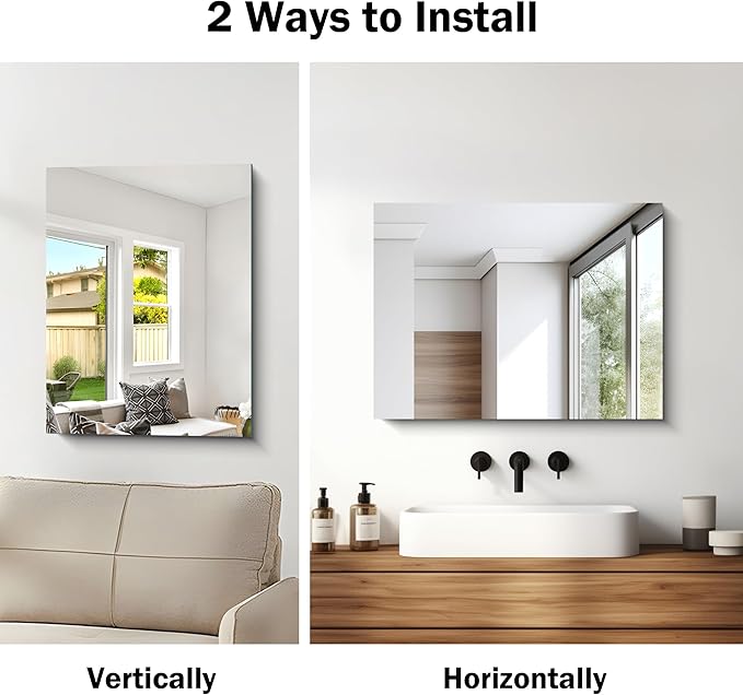 Frameless Mirror, 18x24 Inch Bathroom Mirrors for Wall, Rectangle Bathroom Vanity Mirrors with Polished Edge, Hangs Horizontally or Vertically for Bathroom, Bedroom and Living Room