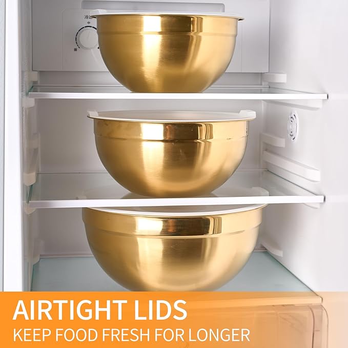Gold Mixing Bowls with Airtight Lids, Stainless Steel Nesting Mixing Bowls Set of 5, Ideal for Baking, Prepping and Serving Food, Size 5.5, 3.6, 2.7, 2.1, 1.5, QT, Stackable Design