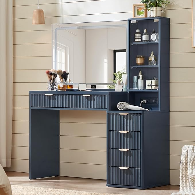 LEYAOYAO Vanity Desk with Mirror and Lights with Stool, 43.5'' Fluted Makeup Vanity with 6 Drawers and Adjustable Shelves,Wood Make Up Vanity Set with Glass Top and Power Outlet for Bedroom