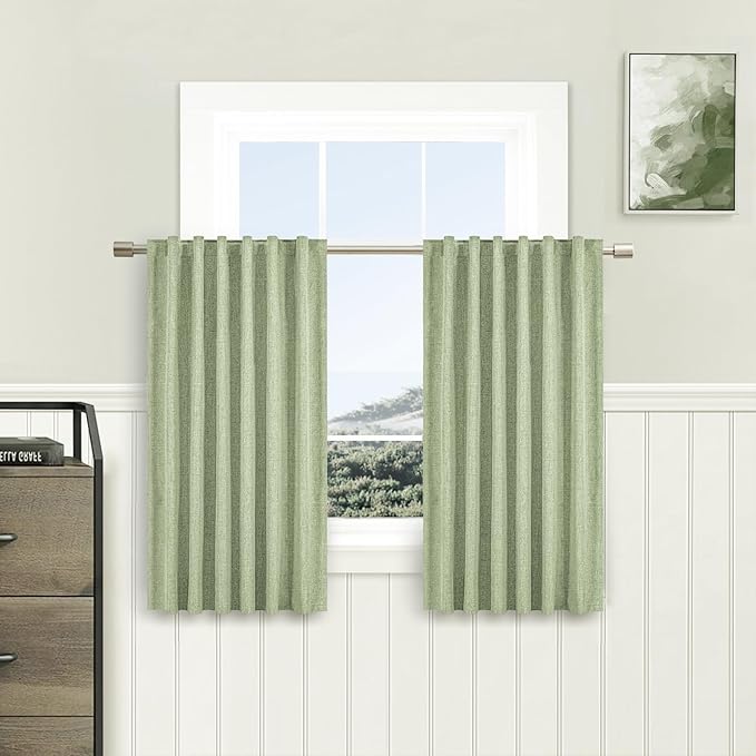 100% Linen Blackout Curtains for Bedroom 45 Inches Long, Back Tab/Rod Pocket Kitchen Drapes, Thermal Insulated Textured Blackout Curtains 2 Panels Set, 52" W x 45" L, Sage Green