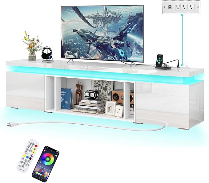 83Inch LED TV Stand for 95Inch TV, Modern TV Stand with Power Outlet, High Gloss TV Console Entertainment Center with Storage for Living Room (83 Inch, White)