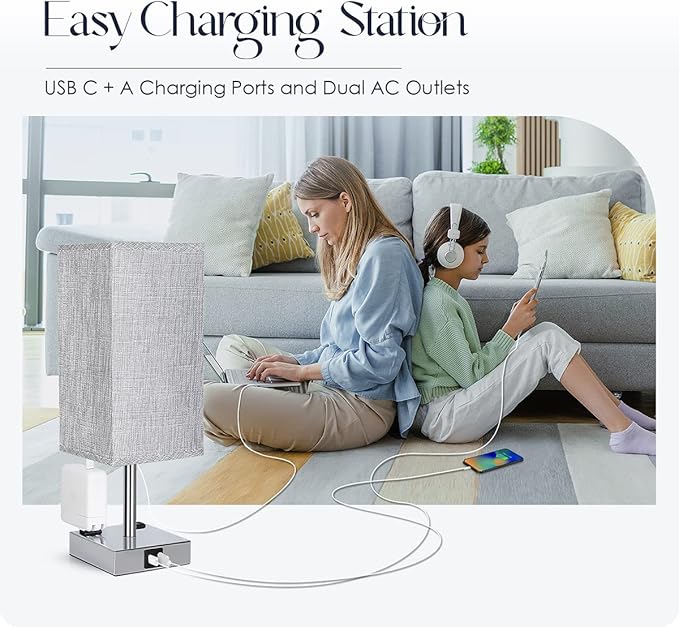 Bedside Lamp with USB Ports - Touch Control Table Lamp for Bedroom with USB C+A Charging Ports & AC Outlets, 3 Way Dimmable Nightstand Light for Living Room (LED Bulb Included, Chrome - Grey)