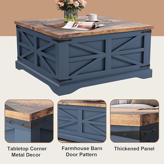 MXV Farmhouse Coffee Table with Storage, Square Coffee Tables for Living Room, Rustic Wood Center Table with Hinged Lifting Tabletop for Home, Blue